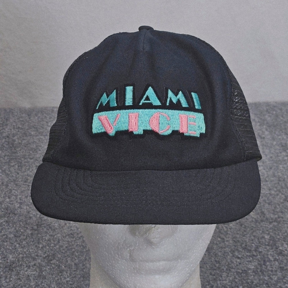 Vintage Miami Vice Trucker Hat Black Embroidered Logo 80s Retro Snapback Cap